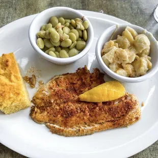 Lunch special: blackened tilapia with macaroni and cheese and Lima beans