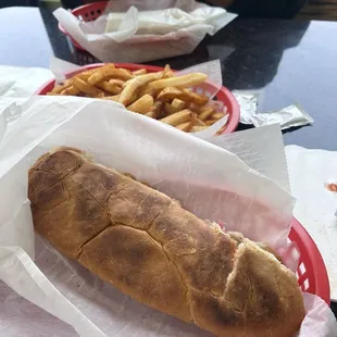 a hot dog and french fries