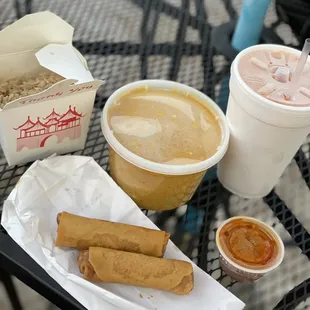 a table with food and drinks