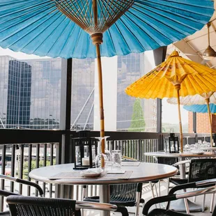 Outdoor patio with a skyline view of Atlanta