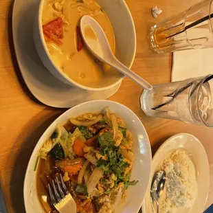 Tom Kha soup (amazing) and garlic pepper chicken spicy also amazing.