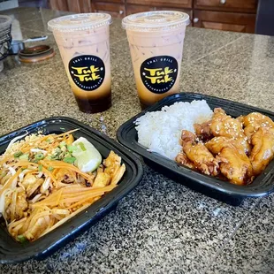 Pad Thai (left), Sesame Chicken (right), Thai Iced Tea (rear).