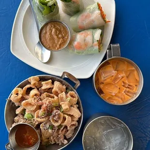 Calamari, shrimp spring rolls and Thai tea