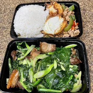Thai basil chicken and Chinese broccoli with roast pork