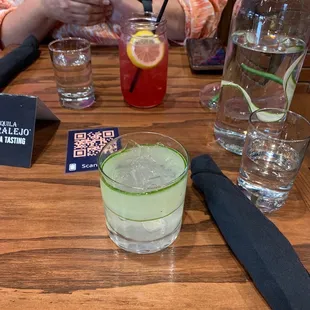 Cucumber Coconut Margarita in the front and a Perfect Paloma behind.  Both are delicious and refreshing.   Happy Hour at Tula.