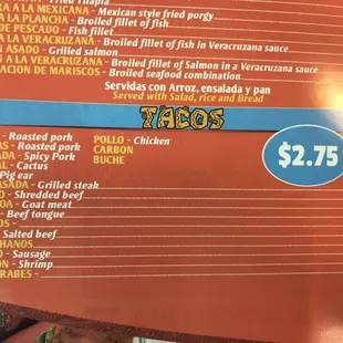 Taco menu