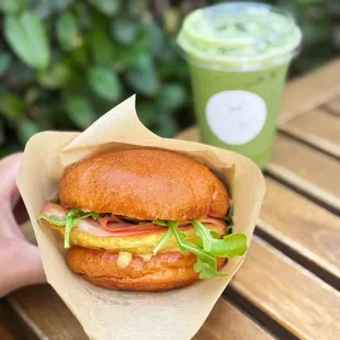 Mortadella Breakfast Sando and Matcha Latte