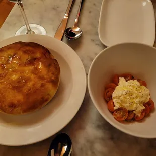 a pie and a bowl of food