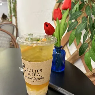 Peach &amp; passionfruit green tea with lychee jelly