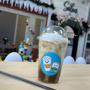 Caramel iced latte 
(Our Tiny Town decorated for Christmas in the background)
