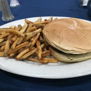My lunch: burger with cheese and mustard only and fries.