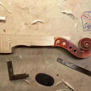 Violin neck graft at Tulsa Strings Violin Shop