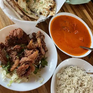 Bombil Fry, Butter Chicken, Garlic Naan, rice