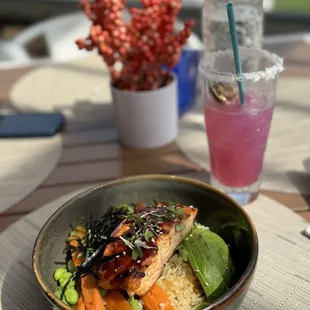 Teriyaki Salmon Bowl and Prickly Pear Margarita