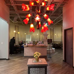 a large chandelier in a restaurant