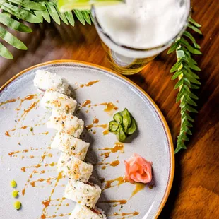 a plate of food and a drink