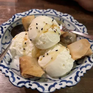 Crunchy Banana Coins with coconut ice cream