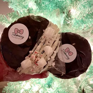 peppermint hot cocoa cookie (left) ube cheesecake cookie (right)