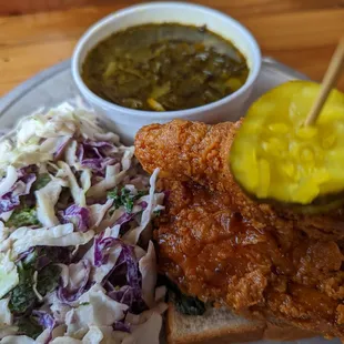 1/4 chicken dark with collard greens and kale cole slaw