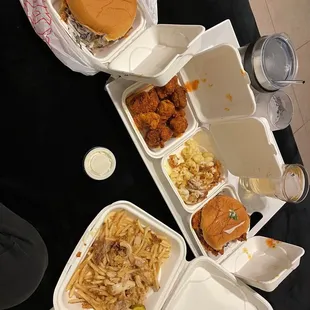 Original O.G. Sandwiches in dang hot, 9 bites in cluckin hot, dirty fries, and dirty Mac n cheese.