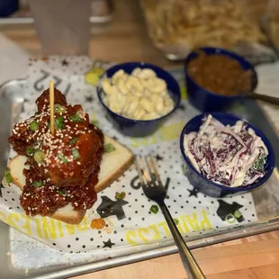 Korean fried chicken, mac n cheese, cole slaw, and ranch beans