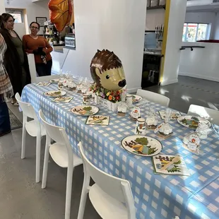 a table with plates of food on it