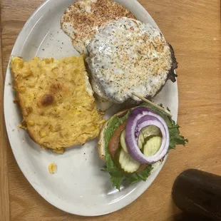 Blackened blue cheese burger with scalloped corn