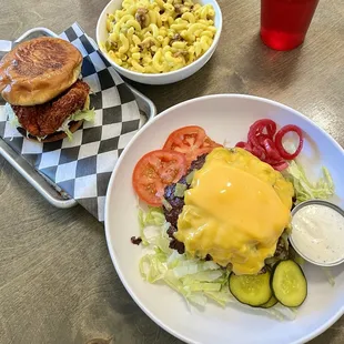 GCCB salad style, hot chicken and mac &amp; cheese w/ green chile and bacon.