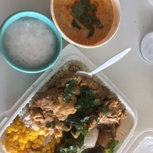 Combo lunch plate, coconut noodle curry soup, and tapioca pudding (roommate took half so it&apos;s in a tiny bowl)