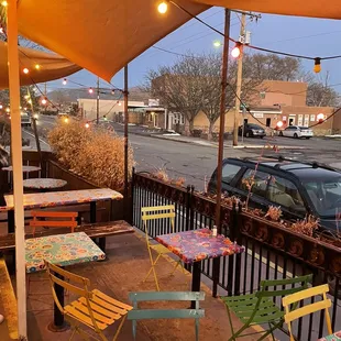 tables and chairs on a patio