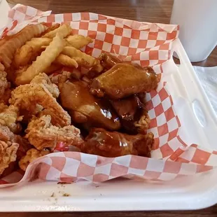 #24 wings&amp;shrimp(5pc/10 pc), French Fries, Honey Garlic Sauce on wings