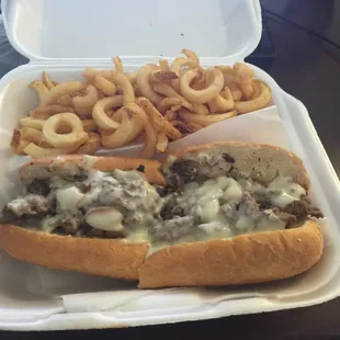 Cheesesteak with curly fries hope it&apos;s good