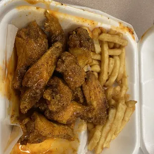 10 wings and fries Hot and lemon pepper mix on the sauces
