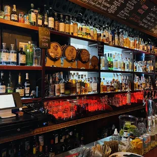 shelves of liquor and liquor bottles