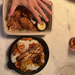 Chicken Chip-n-Dip Chicken Tenders Grilled Salmon &amp; Creamy Quinoa (rice instead of quinoa)