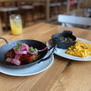 Cast Iron Pork with Baked Mac and Cheese &amp; Collards with Bacon