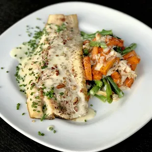 Pecan Crusted Trout w/ Sweet Potato Crab Hash