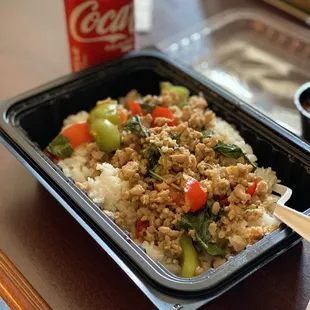 Spicy Krapow (Fresh Basil with Ground chicken and Peppers)