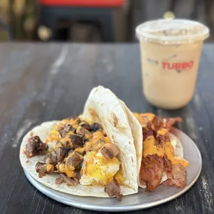 Brisket Taco, Bacon &amp; Egg Taco, and Classic Latte (Iced). The brisket taco was the winner for me, but everything was very good.