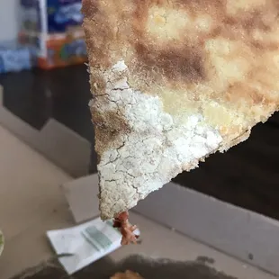 a hand holding a piece of pizza