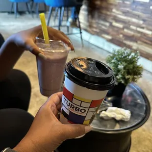 Enjoying the atmosphere and our drinks Lavender Latte and strawberry smoothie w/banana