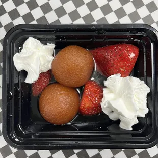 Gulab Juman - Sweet Dumplings in Rose Syrup w/Strawberries &amp; Whip Creme