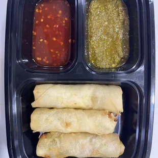 Spring Rolls served w/Mint-Cilantro Chutney &amp; Sweet-Spicy Chutney