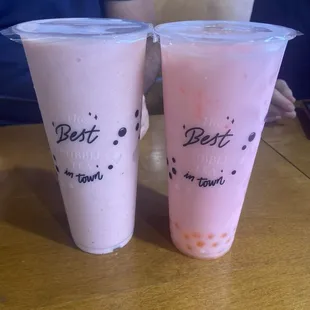 Strawberry shake and strawberry milk tea with mango popping boba