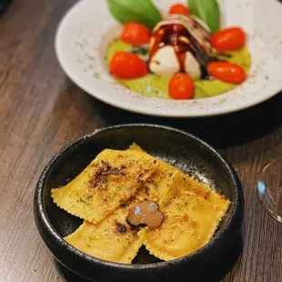 Black Truffle Ravioli Side + Burrata and Pesto Caprese Salad