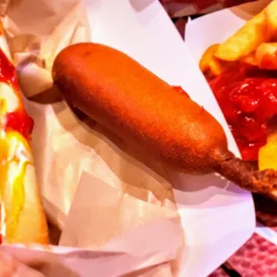 3 hot dogs, corn dog, fries, chips &amp; becerage $9. before tax