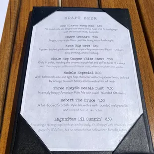 Craft beer menu