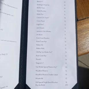 Bourbon and Whiskey menu