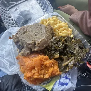 Turkey Leg, Yams (Sweet Potatoes), Collard Greens, Stuffing (Dressing), &amp; Mac and Cheese.