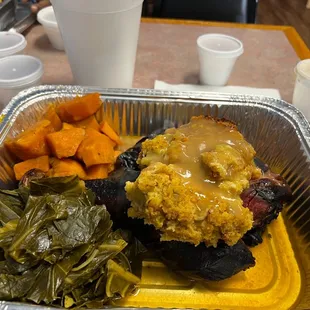Sunday Soul - smoked Turkey leg stuffed w/ cornbread dressing, collard greens, candied yams, gravy, black eye peas, and cranberry sauce